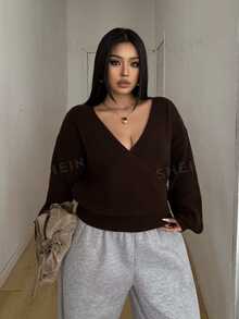 POPSWAY Plus Size Wrap V-Neck Drop Shoulder Lantern Long Sleeve Knit Sweater, Solid Brown Loose Casual Sexy Top Fall Date Night Vacation Evening - Black and White - View 5