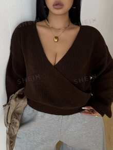 POPSWAY Plus Size Wrap V-Neck Drop Shoulder Lantern Long Sleeve Knit Sweater, Solid Brown Loose Casual Sexy Top Fall Date Night Vacation Evening - Black and White - View 6
