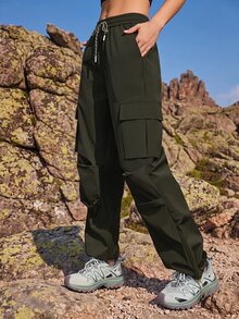 SHEIN Sports 女式户外宽松褶裥抽绳工装裤 - 橄欖綠 - 查看 5
