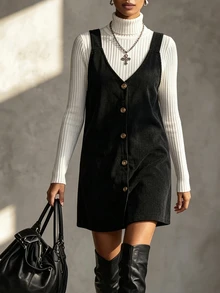SHEIN Solid Button Front Corduroy Pinafore Dress - Black - View 2