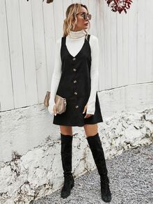 SHEIN Solid Button Front Corduroy Pinafore Dress - Black - View 7