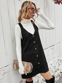 SHEIN Solid Button Front Corduroy Pinafore Dress - Black - View 4