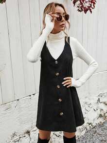 SHEIN Solid Button Front Corduroy Pinafore Dress - Black - View 6