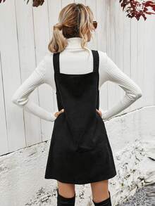 SHEIN Solid Button Front Corduroy Pinafore Dress - Black - View 3