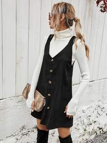 SHEIN Solid Button Front Corduroy Pinafore Dress - Black - View 5