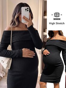 Lyckli Maternity Solid Color Off-Shoulder Long Sleeve Fitted Fashion Dress Fall - Black - View 2
