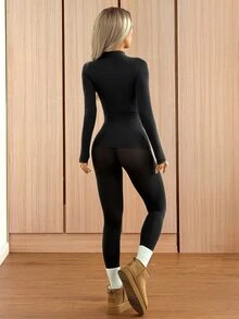 SHEIN EZwear Women's Solid Color Mesh Long Sleeve Top And Leggings Sexy Minimalist Basic Simple Set Everyday House Home Black Autumn - Black - View 2
