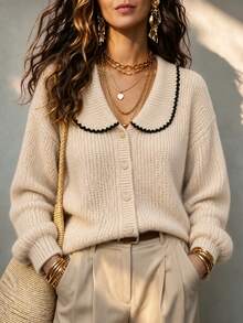 LUMIGAL Women's Peter Collar Drop-Shoulder Long Sleeve Single-Breasted Knit Cardigan - Khaki - View 1