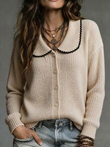 LUMIGAL Women's Peter Collar Drop-Shoulder Long Sleeve Single-Breasted Knit Cardigan - Khaki - View 3