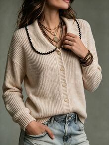 LUMIGAL Women's Peter Collar Drop-Shoulder Long Sleeve Single-Breasted Knit Cardigan - Khaki - View 4