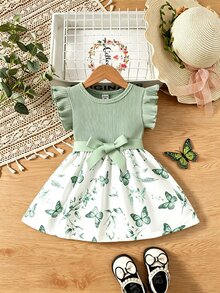 SHEIN Vintaside Kids Baby Girls Casual Everyday Versatile Cute Butterfly Print Dress With Belt, Suitable For Outings - Green - View 7