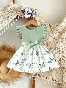 SHEIN Vintaside Kids Baby Girls Casual Everyday Versatile Cute Butterfly Print Dress With Belt, Suitable For Outings - Green - View 2