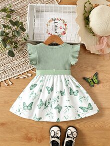 SHEIN Vintaside Kids Baby Girls Casual Everyday Versatile Cute Butterfly Print Dress With Belt, Suitable For Outings - Green - View 8