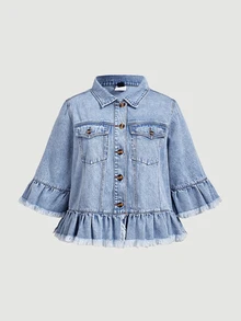 EMERY ROSE Plus Size Women's Single-Breasted Ruffle Cuff Frayed Denim Jacket - Blue - View 2