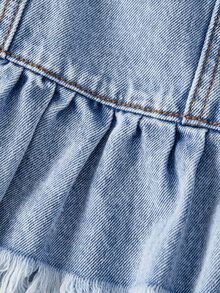 EMERY ROSE Plus Size Women's Single-Breasted Ruffle Cuff Frayed Denim Jacket - Blue - View 4