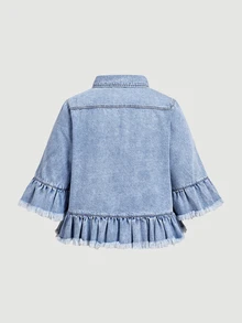 EMERY ROSE Plus Size Women's Single-Breasted Ruffle Cuff Frayed Denim Jacket - Blue - View 3
