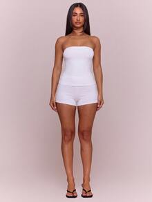 MUSERA ESSENTIALS Cotton Blended Fitted Micro Mini Shorts Spring Summer Holiday Everyday Cute Daily Basics Simple Essential - White - View 2