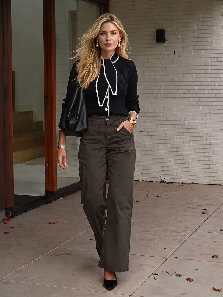 SHEIN Kardigan Rajut Hitam Gaya Prancis Baru untuk Wanita Musim Gugur/Dingin dengan Trim Kontras dan Detail Tali Leher, Tampilan Terinspirasi Tweed yang Chic, Lengan Panjang, Slim Fit - Hitam - View 8