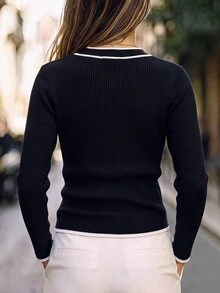 SHEIN 女款秋冬新款法式風格黑色針織開襟衫,對比滾邊與領口繫帶設計,優雅粗花呢風長袖修身外套 - 黑色 - 查看 6