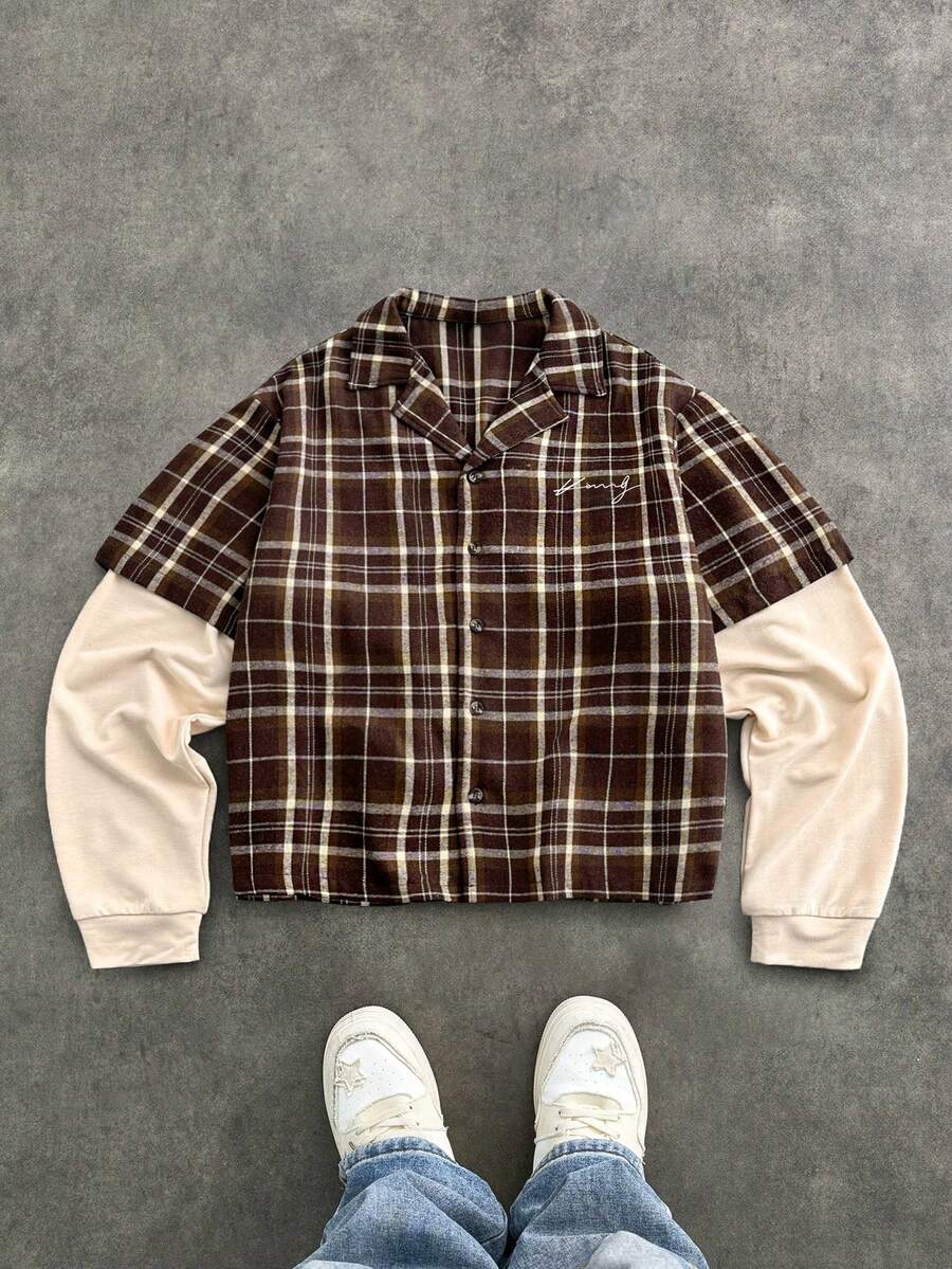 SHEIN 兒童青少年男孩休閒日常舒適格紋翻領寬鬆 2 合 1 長袖梭織鈕扣襯衫，適合日常穿著、戶外玩耍、運動、上學、街頭風、派對與休閒