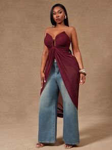 Radiana Curve Plus Size Women's Spring&Summer Strapless Soft Flowing Cinched Waist Women Top Perfect For Summer Spring-Break Trips Cruises Beach Weekends Vacations Parties Date Nights Weddings Proms Banquets Birthdays Carnivals Festivals And Other Holiday Events. - Burgundy - View 5