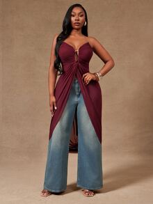 Radiana Curve Plus Size Women's Spring&Summer Strapless Soft Flowing Cinched Waist Women Top Perfect For Summer Spring-Break Trips Cruises Beach Weekends Vacations Parties Date Nights Weddings Proms Banquets Birthdays Carnivals Festivals And Other Holiday Events. - Burgundy - View 3