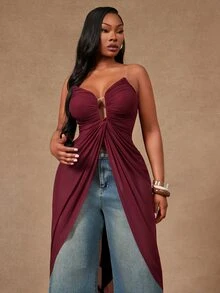 Radiana Curve Plus Size Women's Spring&Summer Strapless Soft Flowing Cinched Waist Women Top Perfect For Summer Spring-Break Trips Cruises Beach Weekends Vacations Parties Date Nights Weddings Proms Banquets Birthdays Carnivals Festivals And Other Holiday Events. - Burgundy - View 1