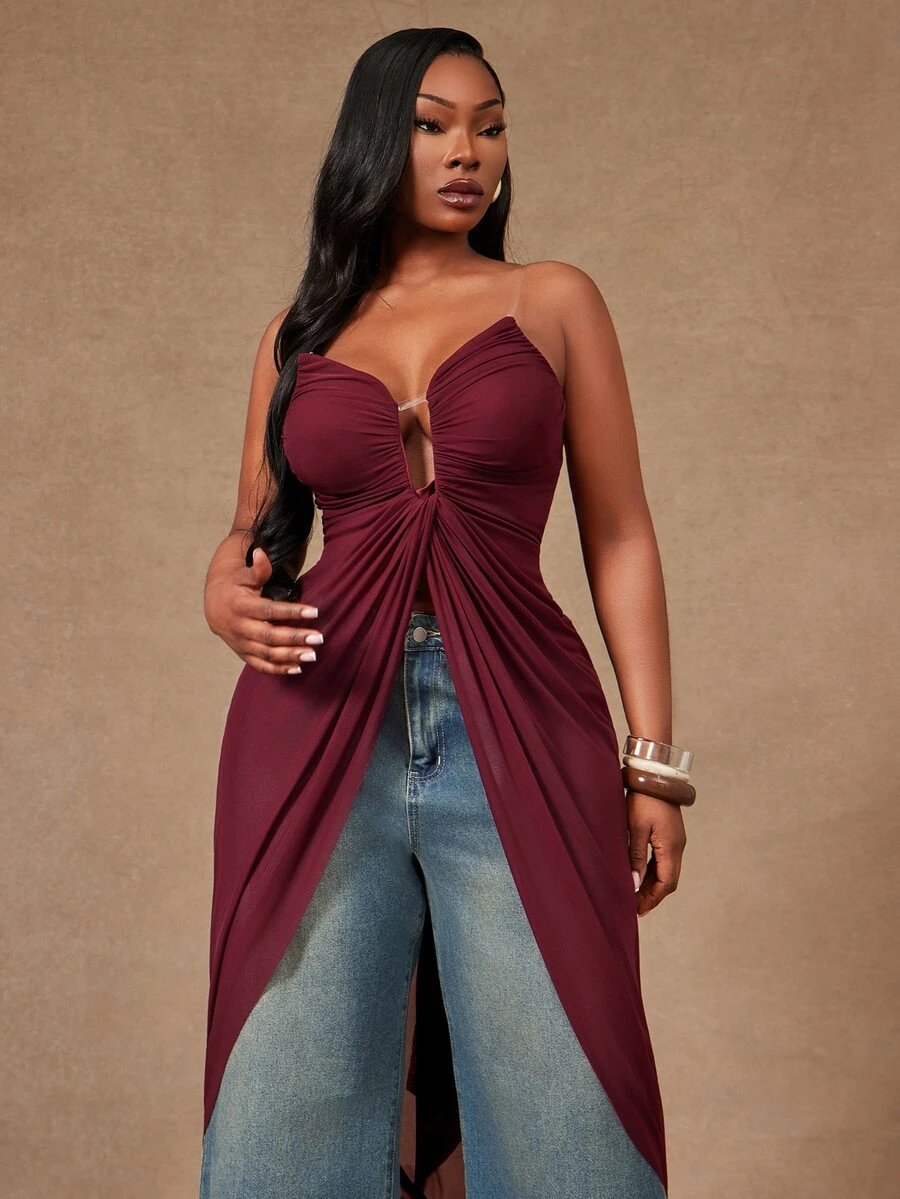 Radiana Curve Plus Size Women's Spring&Summer Strapless Soft Flowing Cinched Waist Women Top Perfect For Summer Spring-Break Trips Cruises Beach Weekends Vacations Parties Date Nights Weddings Proms Banquets Birthdays Carnivals Festivals And Other Holiday Events. - Burgundy - View 1