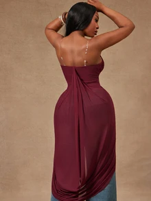 Radiana Curve Plus Size Women's Spring&Summer Strapless Soft Flowing Cinched Waist Women Top Perfect For Summer Spring-Break Trips Cruises Beach Weekends Vacations Parties Date Nights Weddings Proms Banquets Birthdays Carnivals Festivals And Other Holiday Events. - Burgundy - View 2