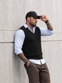 EGENSIO Men's Plus Size Solid Color Sweater Vest, Sleeveless, Friends, Fashion, Plain, Prom, For Fall Winter, Holiday - Black - View 3