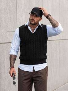 EGENSIO Men's Plus Size Solid Color Sweater Vest, Sleeveless, Friends, Fashion, Plain, Prom, For Fall Winter, Holiday - Black - View 1