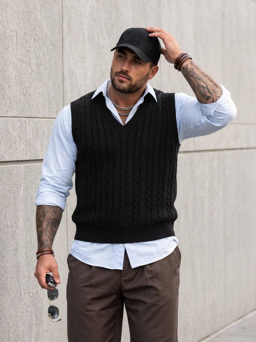 EGENSIO Men's Plus Size Solid Color Sweater Vest, Sleeveless, Friends, Fashion, Plain, Prom, For Fall Winter, Holiday - Black - View 1