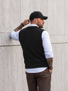EGENSIO Men's Plus Size Solid Color Sweater Vest, Sleeveless, Friends, Fashion, Plain, Prom, For Fall Winter, Holiday - Black - View 2