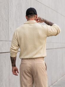 EGENSIO Plus Size Men's Solid Color Plain Long Sleeve Half Zip Neck Loose Casual Urban Cable Knit Sweater, Autumn/Winter - Apricot - View 2