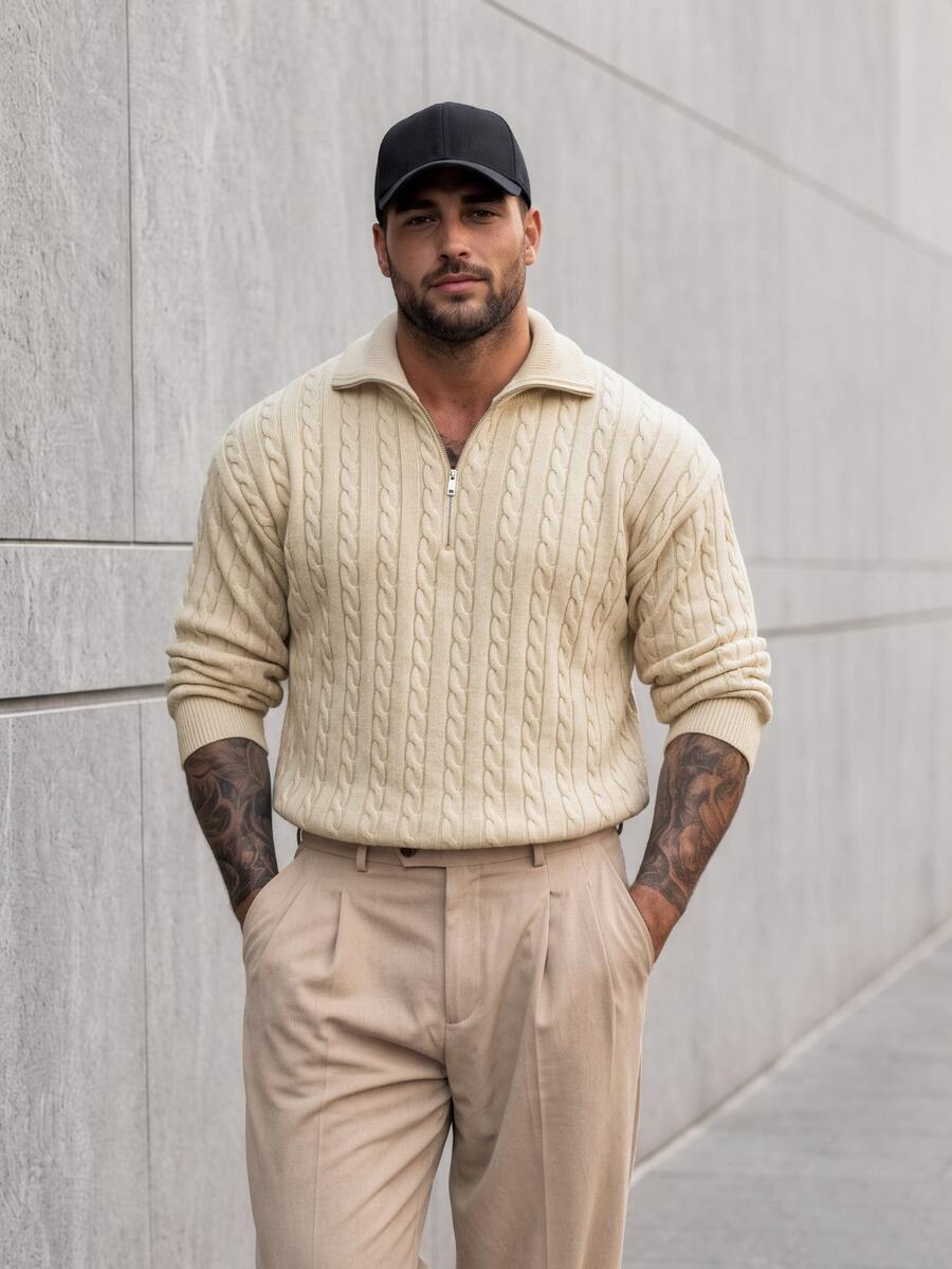 EGENSIO Plus Size Men's Solid Color Plain Long Sleeve Half Zip Neck Loose Casual Urban Cable Knit Sweater, Autumn/Winter - Apricot - View 1