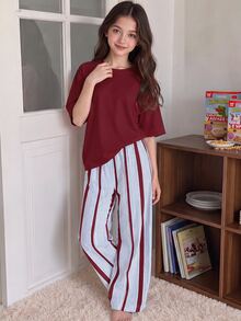 少女休閒甜美風簡約條紋圓領短袖長褲家居服套裝，適合日常居家穿著，舒適自在，休閒穿搭，時尚女孩風格 - 彩色 - 查看 1