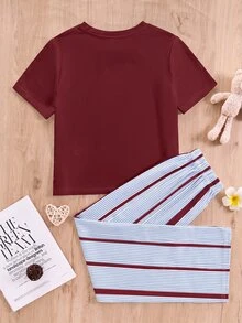 少女休閒甜美風簡約條紋圓領短袖長褲家居服套裝，適合日常居家穿著，舒適自在，休閒穿搭，時尚女孩風格 - 彩色 - 查看 2