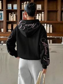 SHEIN Kids Tween Girl Casual Minimalist Pink Letter Embroidery Pattern Loose Crew Neck Comfortable Thick Long Sleeve Sweatshirt, Suitable For Autumn/Winter - Multicolor - View 2