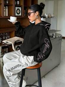 SHEIN Kids Tween Girl Casual Minimalist Pink Letter Embroidery Pattern Loose Crew Neck Comfortable Thick Long Sleeve Sweatshirt, Suitable For Autumn/Winter - Multicolor - View 6