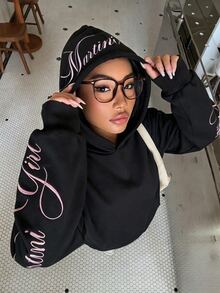 SHEIN Kids Tween Girl Casual Minimalist Pink Letter Embroidery Pattern Loose Crew Neck Comfortable Thick Long Sleeve Sweatshirt, Suitable For Autumn/Winter - Multicolor - View 1