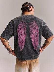 CRAVYNX Men's Plus Size Washed Wing Print T-Shirt - Black - View 2