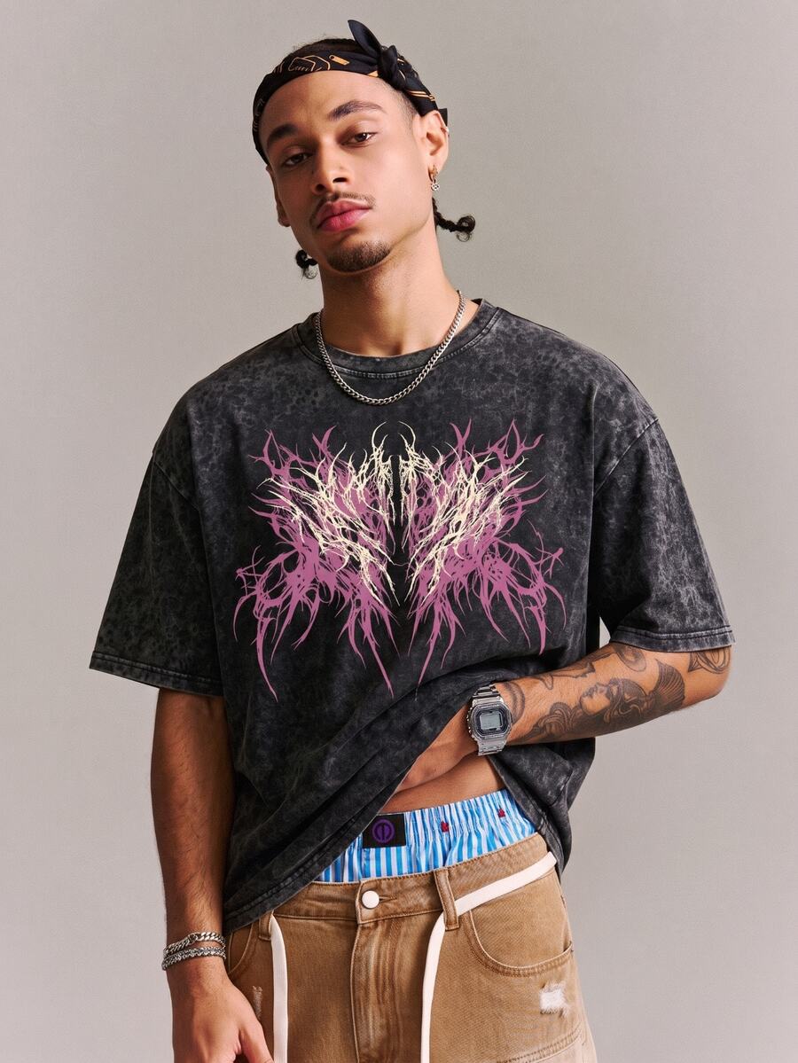 CRAVYNX Men's Plus Size Washed Wing Print T-Shirt - Black - View 1