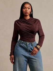 Radiana Curve Plus Size Women Solid Color Pleated Long Sleeve Casual Bodysuit - Black - View 8