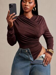 Radiana Curve Plus Size Women Solid Color Pleated Long Sleeve Casual Bodysuit - Black - View 6