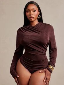 Radiana Curve Plus Size Women Solid Color Pleated Long Sleeve Casual Bodysuit - Black - View 5