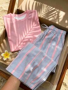 Comfortcana 2pcs Embroidered Round Neck Short Sleeve Top And Striped Print Pants, Casual Plus Size Two Pieces Set - Multicolor - View 3