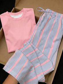 Comfortcana 2pcs Embroidered Round Neck Short Sleeve Top And Striped Print Pants, Casual Plus Size Two Pieces Set - Multicolor - View 1