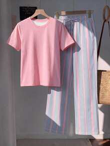 Comfortcana 2pcs Embroidered Round Neck Short Sleeve Top And Striped Print Pants, Casual Plus Size Two Pieces Set - Multicolor - View 6