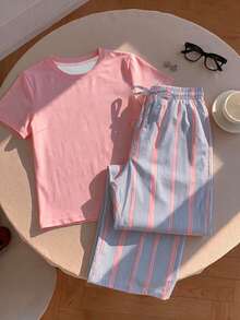 Comfortcana 2pcs Embroidered Round Neck Short Sleeve Top And Striped Print Pants, Casual Plus Size Two Pieces Set - Multicolor - View 4