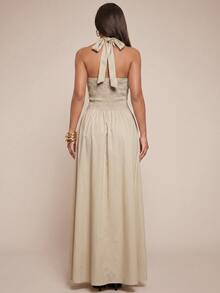 Radiana Curve Plus Size Women's Elegant Sexy Grey Linen Texture V-Neck Halter Backless Dress, Cinched Waist, Flowy, Party Brunch Cocktail Date Night Summer - Apricot - View 2